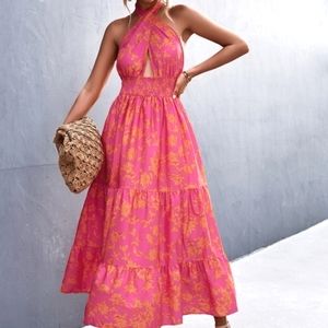 Cross Halter Maxi Dress Pink Orange Floral Summer Open Back Size S